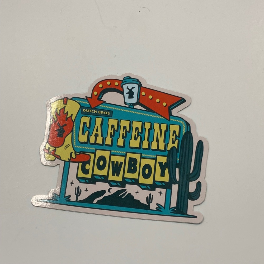 Dutch Bros Coffee Caffeine Cowboy Sticker Aug 6 2025 Western Decal Teal Yellow